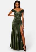 Goddiva Satin Bardot Pleat Maxi With Split Olive S (UK10)