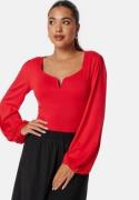 BUBBLEROOM Square V-neck Long Sleeve Puff Top Red XS