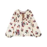 Ecru Bluse med Blomstermotiv