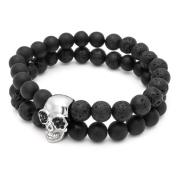 Double Beaded Bracelet with Matte Onyx, Lava Stone and Silver Skull