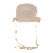 Beige Hamp Bucket Hatt med Logo Broderi