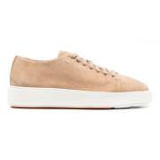 Beige Skinn Sneakers med Preget Logo