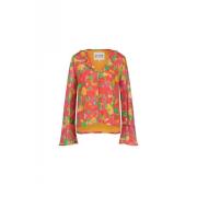 Blomstret V-hals Bluse med Rysjer