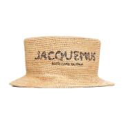 Beige Raffia Hat med Svart Logo