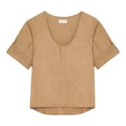 Beige Henley Bluse Bomull-Lin Blanding