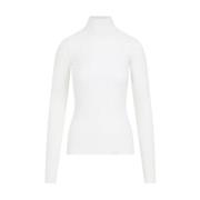 Hvit Bomull Ribbet Turtle-Neck Topp