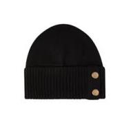 Sort Ribbestrikket Beanie med Gyldne Knapper