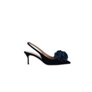 Blått Velvet Slingback Pumps med Pom-Pom