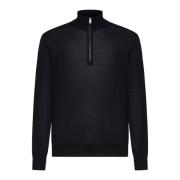 Svart Ull Zip-Up Mock Sweater