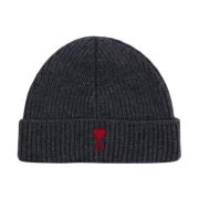 Rød Ull Beanie i Grå