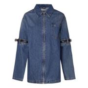 Denim Oversized Skjorte med Lær Detaljer