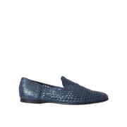 Blå Vevd Skinn Slip On Loafers