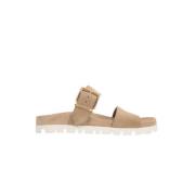 Beige Semsket Flate Sandaler