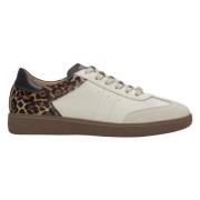 Kvinner Beige Leopard Print Sneakers laget av Italiensk Ekte Skinn Er0...