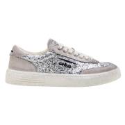 Lav Glitter Sneakers med Sølv Glitter og Beige Semsket Skinn