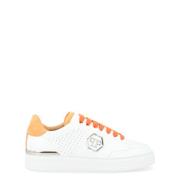 Hvite og Oransje Perforerte Skinn Sneakers