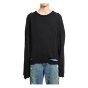 Sort Ribbet Strikket Slitt Crewneck Genser