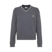 Grå Bomull V-hals Sweatshirt med Stripe Trim