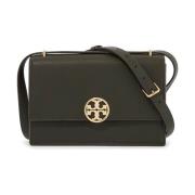 Hammret skinn crossbody veske med dobbel T-logo