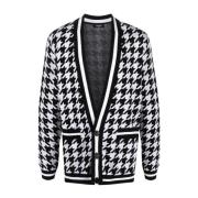 Houndstooth Cardigan i hvit ull lin