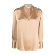 Beige Silke Splitt Hals Bluse