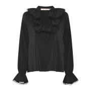 Feminin Nadia Svart Bluse med Volanger