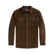 Brun Classic Fit Suede-Patch Corduroy Skjorte