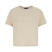 Beige Logo Print Bomull T-skjorte