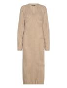 V-Neck Knitted Dress Knelang Kjole Beige Gina Tricot