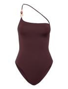 Asymmetrical Swimming Costume With Beads Badedrakt Badetøy Brown Mango