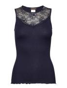 Silk Top Regular W/ Lace Tops T-shirts & Tops Sleeveless Navy Rosemund...