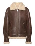 Vintage-Effect Shearling Jacket Skinnjakke Skinnjakke Brown Mango