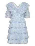 Sky V-Neck Frill Mini Lace Dress Designers Short Dress Blue Malina