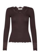 Silk T-Shirt W/ Lace Tops T-shirts & Tops Long-sleeved Brown Rosemunde