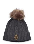 Crest-Patch Pom-Pom Cable-Knit Beanie Accessories Headwear Beanies Gre...