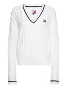 Tjw Badge Cable V-Neck Sweater Tops Knitwear Jumpers White Tommy Jeans