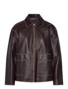 Leather-Effect Jacket With Contrast Stitching Skinnjakke Skinnjakke Br...