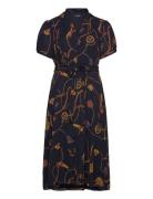 Print Belted Georgette Puff-Sleeve Dress Knelang Kjole Navy Lauren Wom...